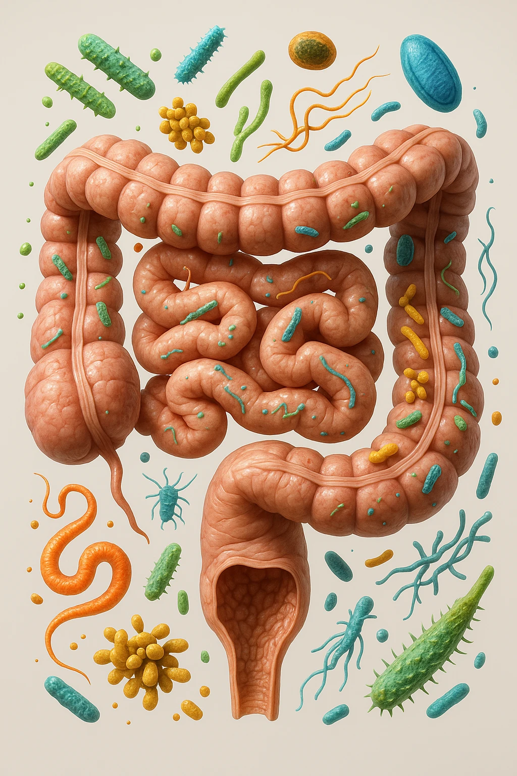 INTESTINO UMANO ANATOMICO CON BATTERI E PARASSITI INTORNO, SFONDO CHIARO NEUTRO, IPERREALISTICO 4K emoji