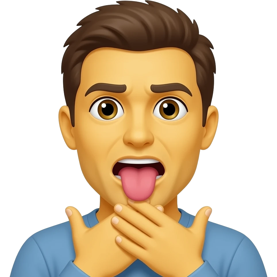 Yellow emoji face with its tongue, sticking out choking itself with its hands around its neck emoji