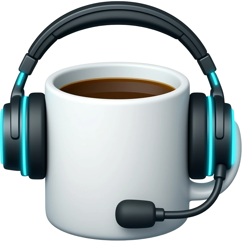 Headset mug → pixel art coffee mug wearing gaming headset, small mic, subtle glow emoji