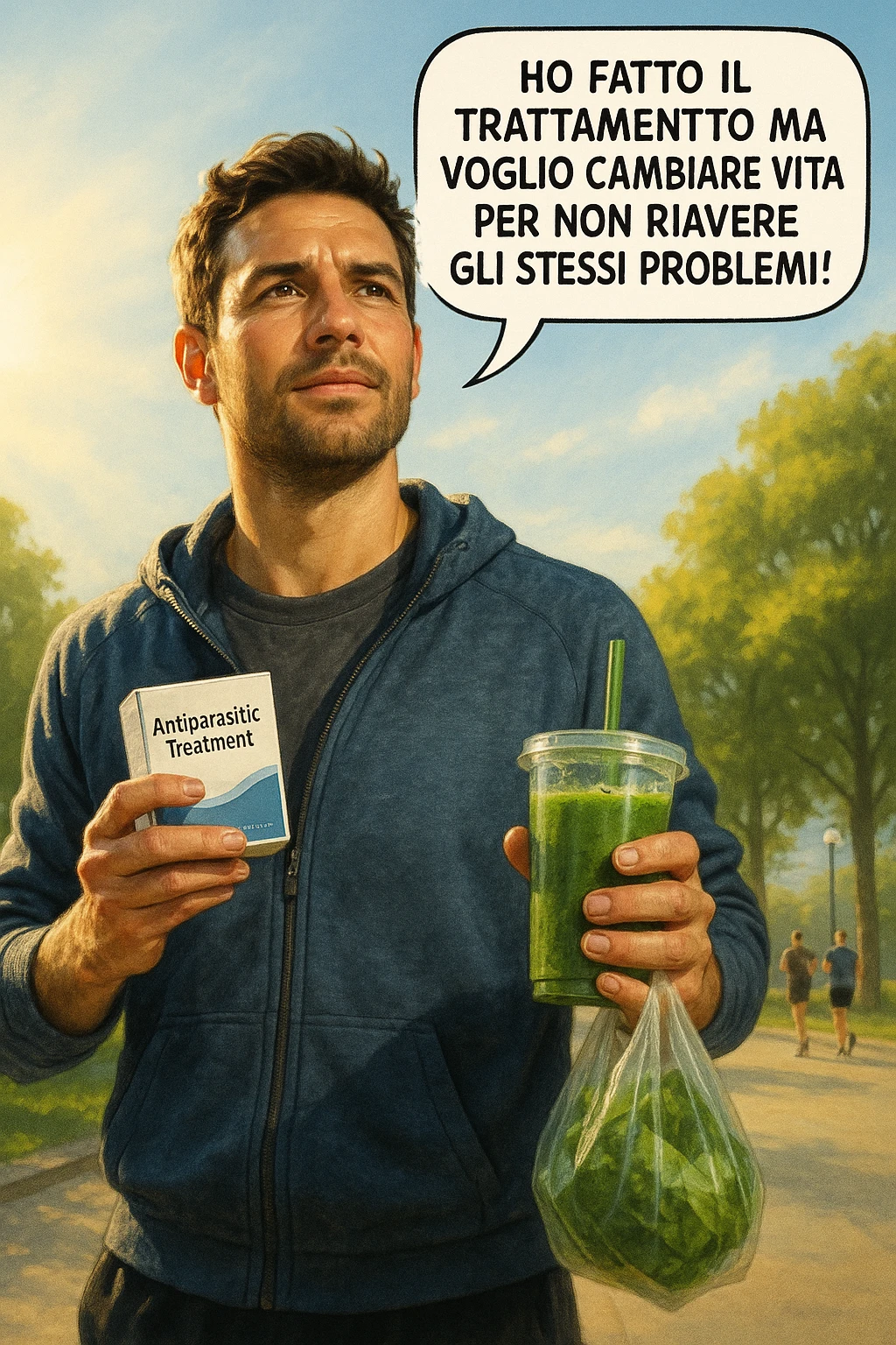 A realistic, cinematic illustration of a man in his early 30s with a determined and hopeful expression, standing outside under a bright morning sky, holding a small box labeled 'Antiparasitic Treatment' in one hand, while in the other hand he holds a fresh green smoothie or a bag of vegetables. A speech bubble near him says: ‘Ho fatto il trattamento ma voglio cambiare vita per non riavere gli stessi problemi!’ The man is wearing casual but clean and sporty clothing, symbolizing a fresh start, with the background showing a city park with green trees, morning light, and people jogging, indicating a healthy lifestyle. The atmosphere is bright, uplifting, and motivating, clearly illustrating the transition from treatment to lifestyle change to prevent future health issues. The style is realistic with warm tones, showing positive energy and commitment to change in italiano emoji
