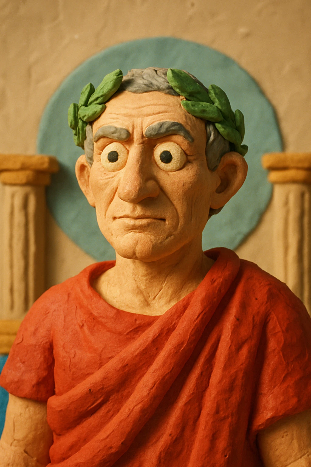 Julius Caesar, red robe, laurel wreath, 3D claymation style emoji