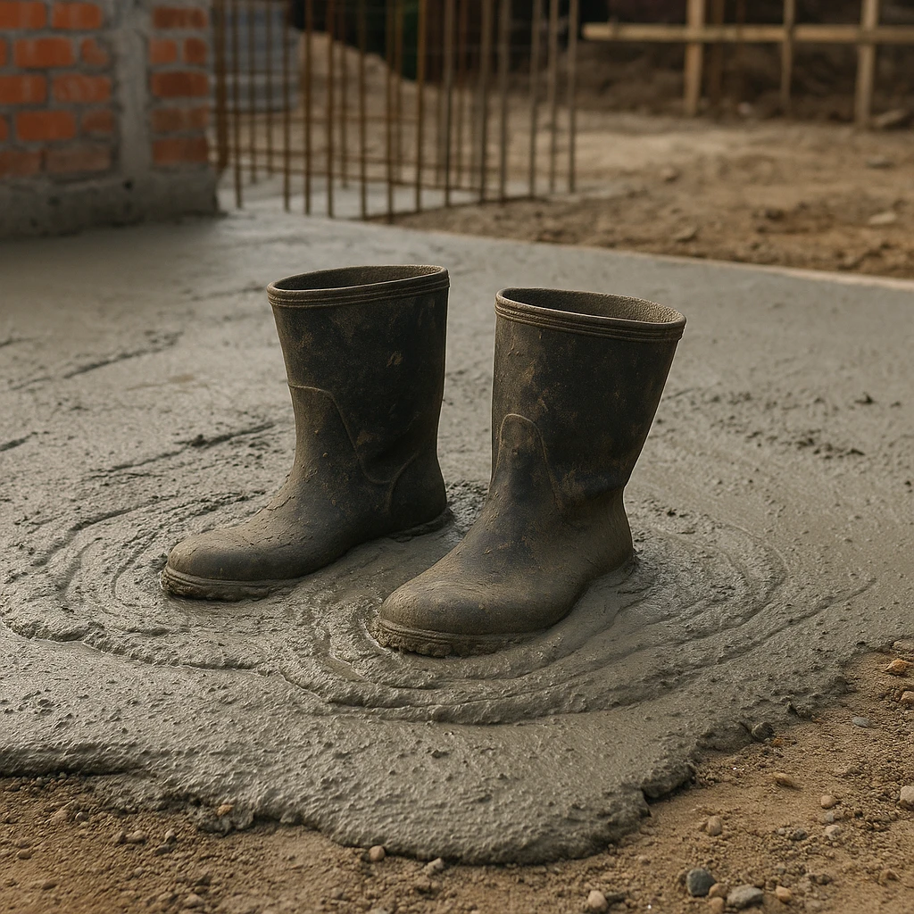 На строительной площадке видно застывший влажный бетон. В центре — пара старых резиновых сапог, частично утонувших и застывших в цементе, будто кто-то случайно оставил их там emoji