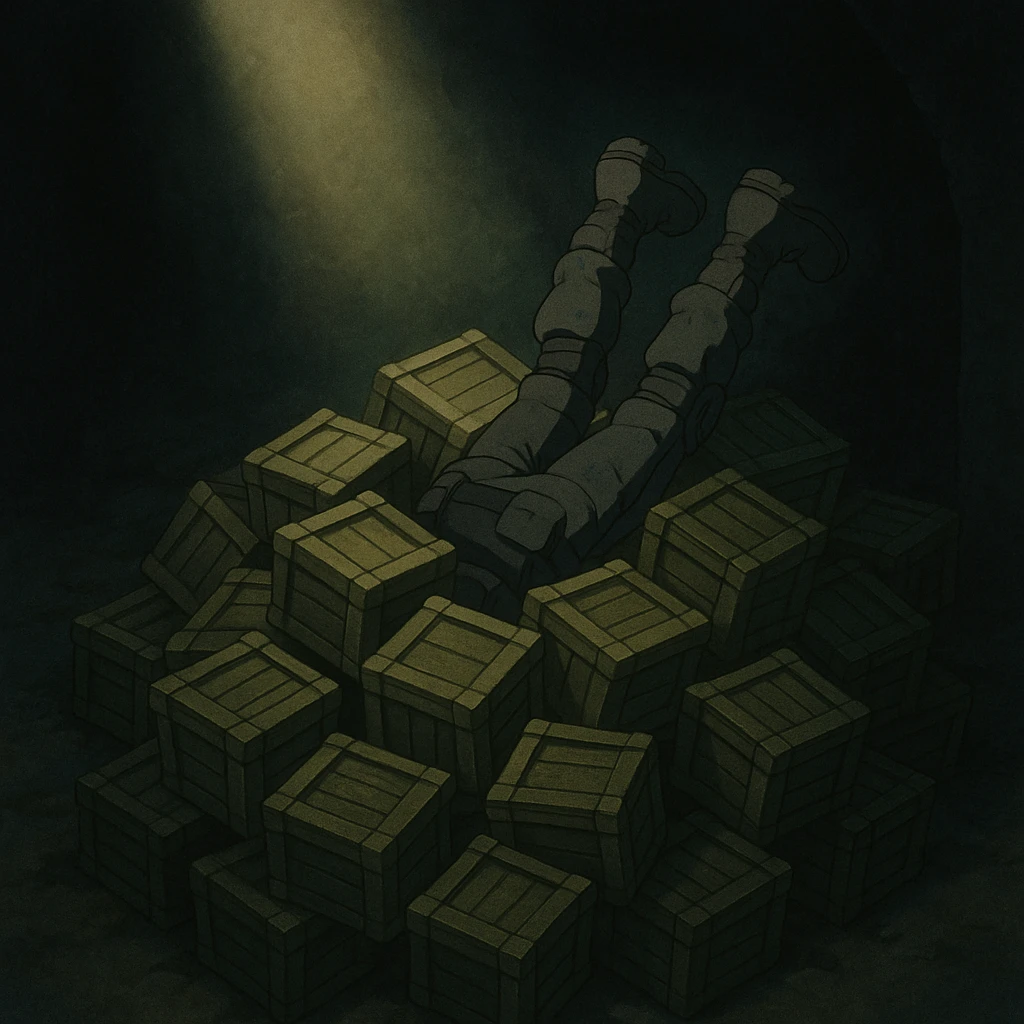 A pile of small oblong crates hidden in a dark area with a beam of light shining from above, with someone’s boots sticking out like they dove in, tactical gear clothing  emoji