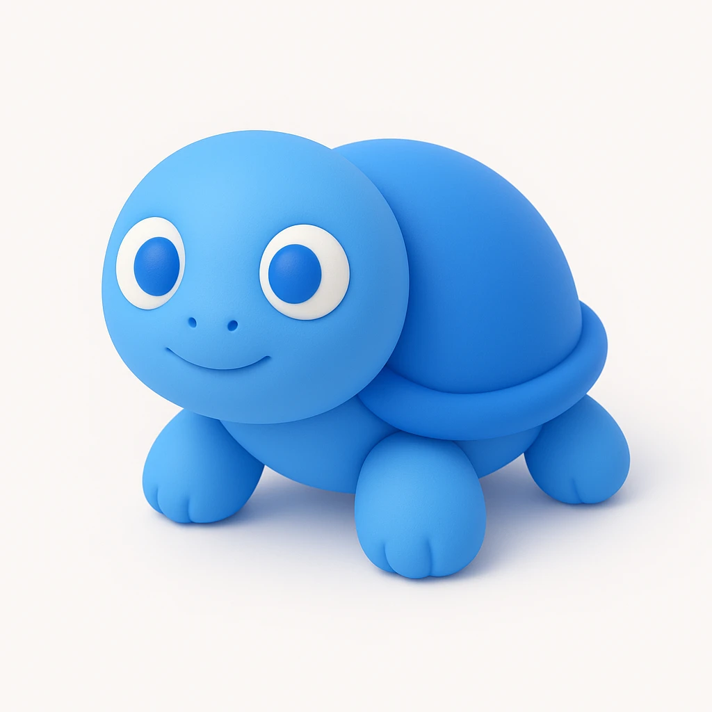 whimsical 3D green turtle with a round face, large expressive eyes and tiny paws emoji