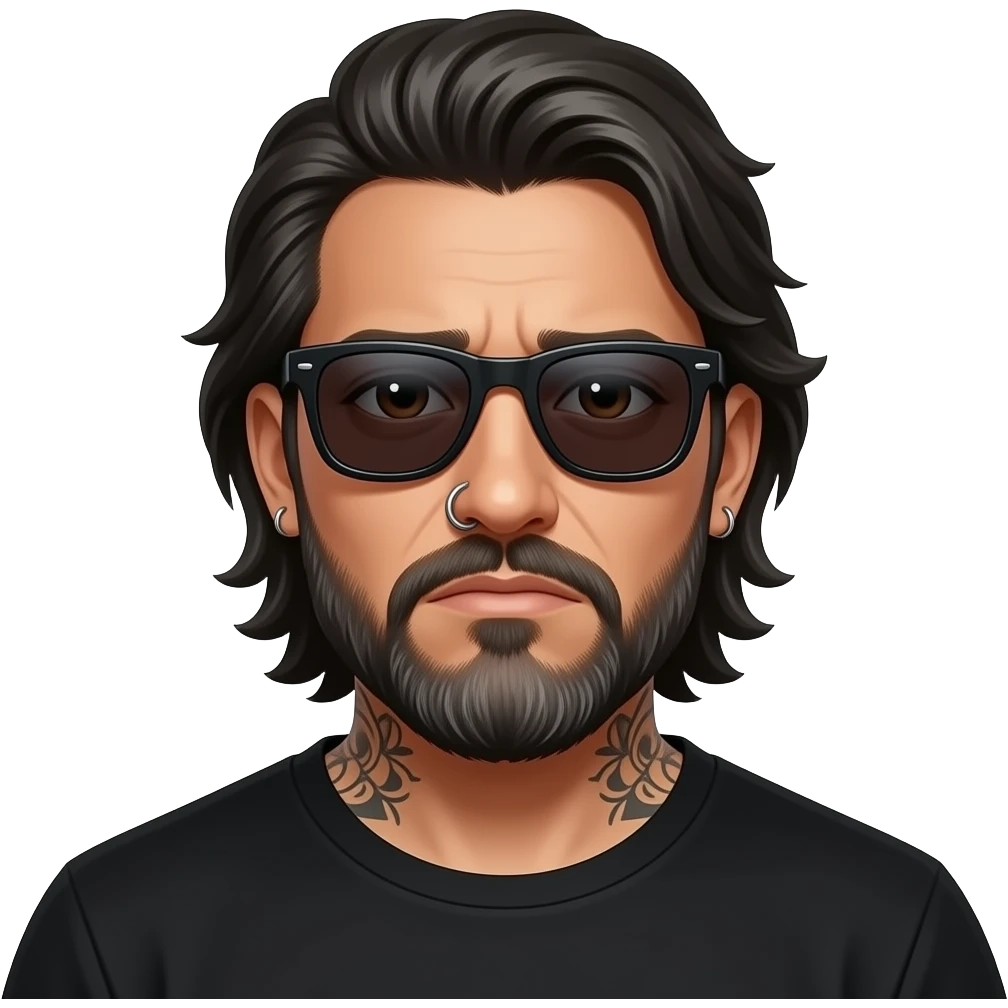The handsome manly Latino podcast host with medium length hair, a long slightly graying beard and tattoos with his ears pierced 1 time each ear and a nose ring on the right side, dark brown eyes, wearing black, dark sunglasses, sad af emoji