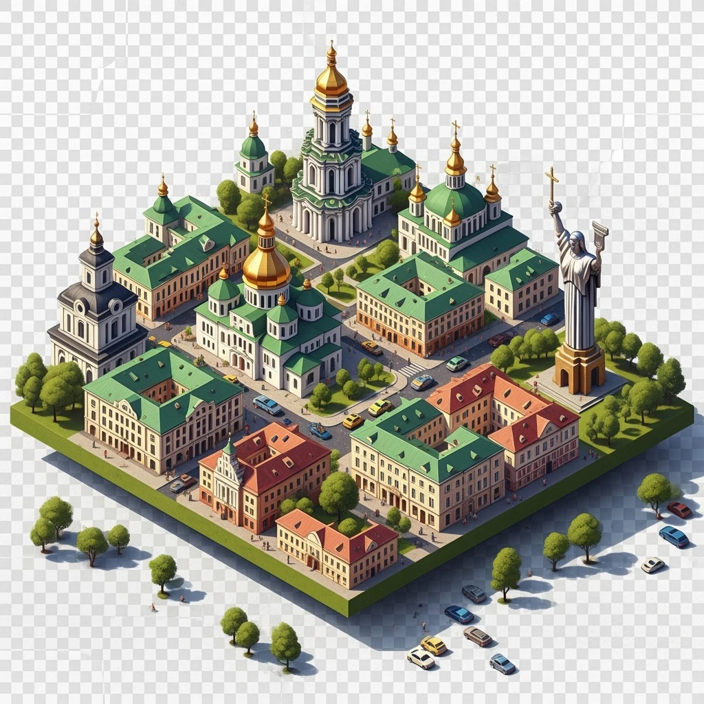 Isometric illustration of photorealistic Kyiv, balanced between paint stylized and realistic, 3D miniature effect, transparent background. emoji