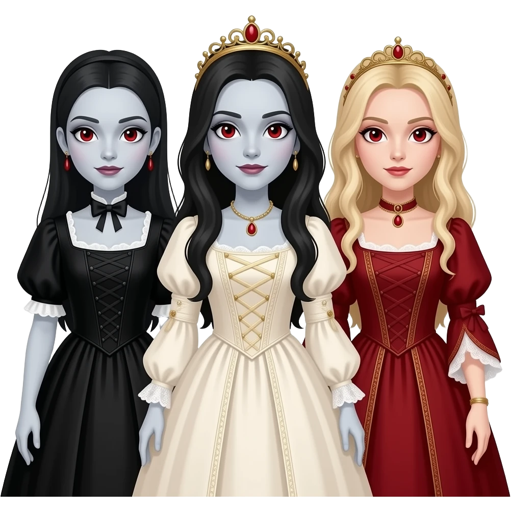 Brides of Dracula with 2 long dark-haired girls with pale grey skin, red eyes, one ivory queen anne dress, one red queen anne dress, long blond-haired girl with pale grey skin, red eyes black queen anne dress emoji
