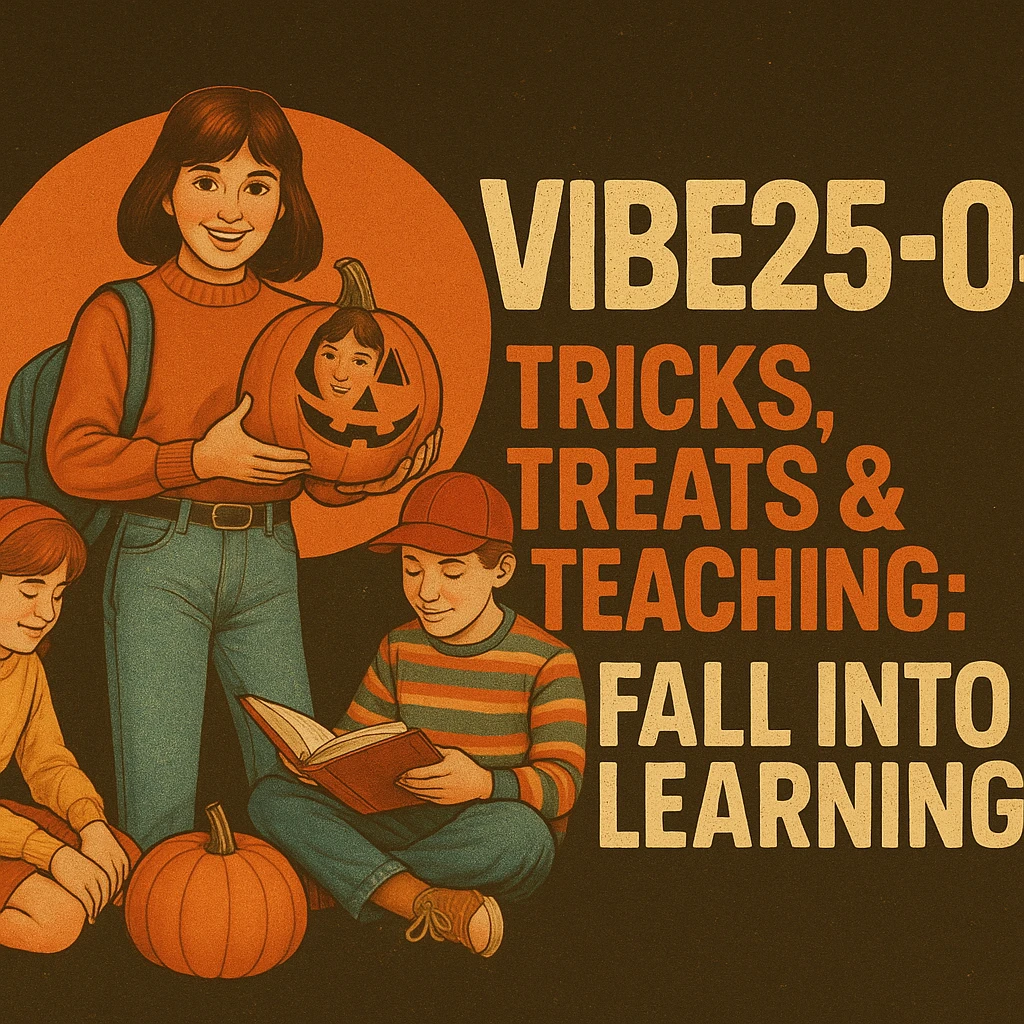 Create a logo that encompasses a retro 80's feel, nostalgic, ALSO RETRO.  Add the words "VIBE25-04: Tricks, Treats & Teaching: Fall Into Learning" emoji