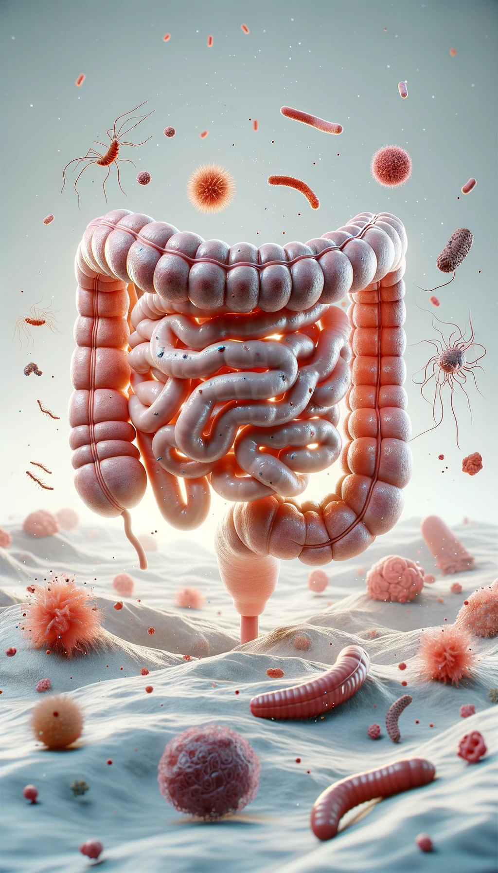 intestino umano realistico con batteri e parassiti che gli fluttuano intorno, sfondo chiaro, iperrealistico 4k emoji