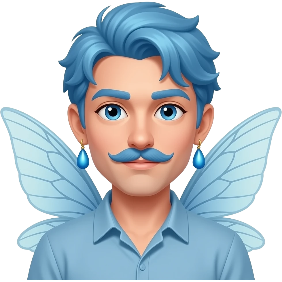 fairy face with very blue hair, man, fairy wings sticking out behind shoulders, and big earrings and only mustache emoji