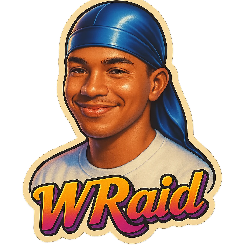 Smiling no teeth
make his shirt white
Change His durag To BLUE
Make it say "  W Raid " emoji