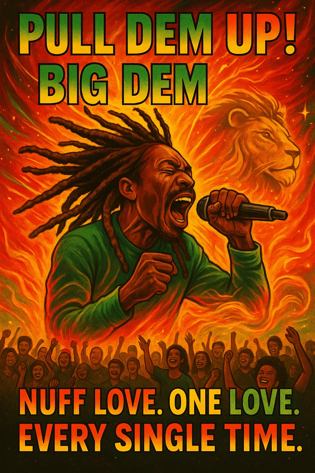 A vibrant reggae-inspired poster scene featuring Anthony B in full performance energy — dreadlocks flying, mic in hand, mid shout, pulling up the riddim. The background is a glowing fusion of red, gold, and green flames with lion imagery and subtle cosmic light trails. Around him, the words “Pull Dem Up! Big Dem Up!” explode like soundwaves. Below, a crowd of diverse viewers is shown. In bold text across the bottom: “Nuff Love. One Love. Every Single Time.” emoji