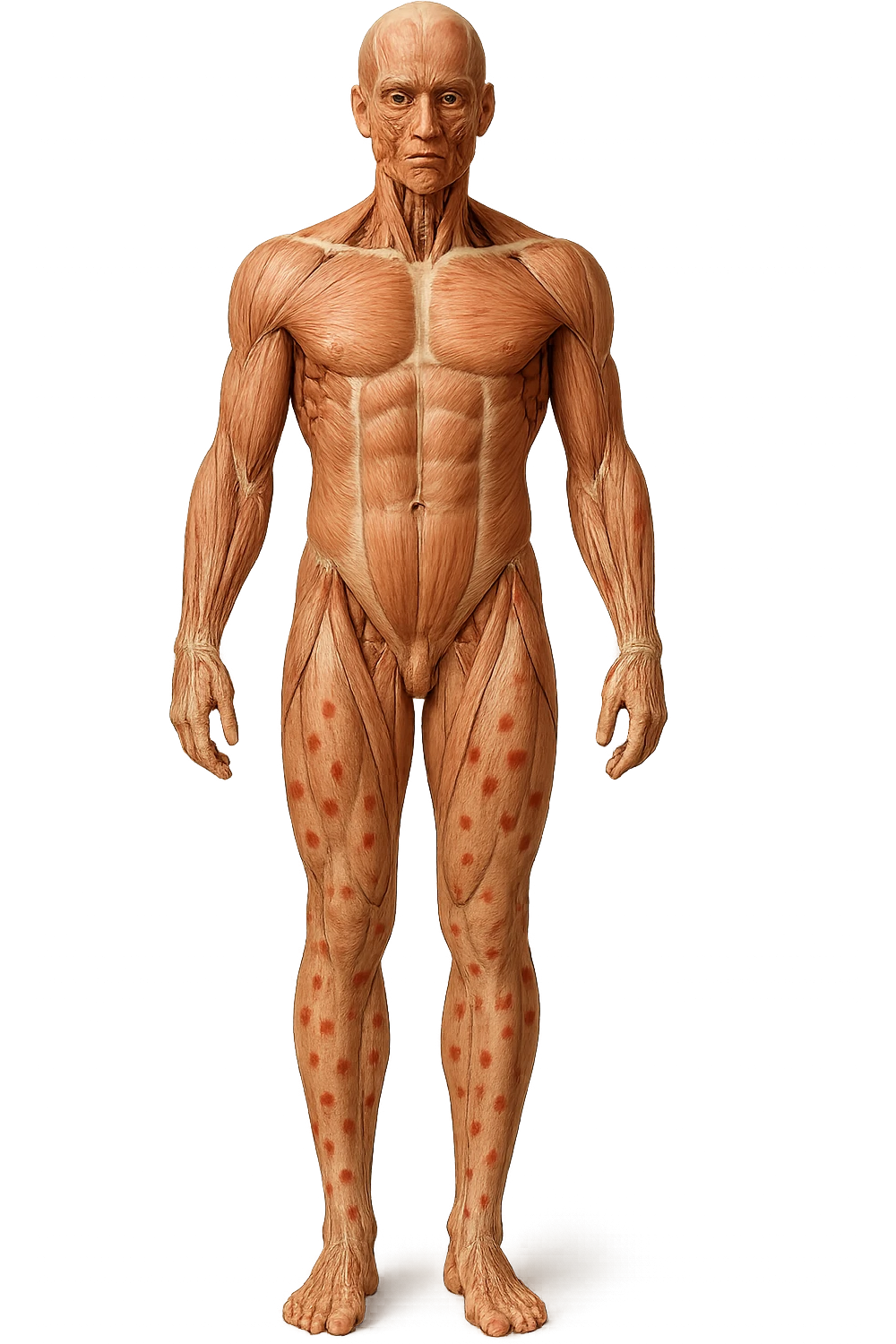 corpo umano anatomico a figura intera con red spot sparsi sulle gambe, iperrealistica in 3d emoji