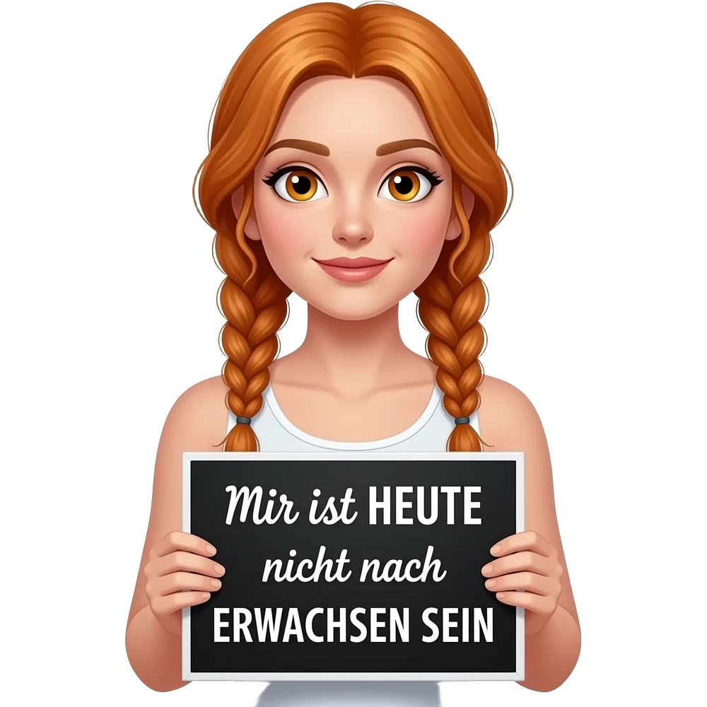 sexy girl with long ginger braids and ginger eyes wearing a white tanktop is holding a black sign with Mir ist HEUTE nicht nach ERWACHSEN SEIN written on it emoji