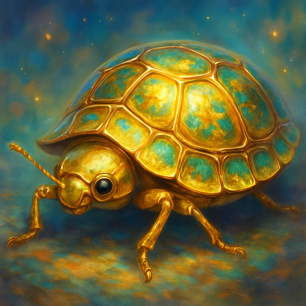 Golden Tortoise Beetle with a tortoise shell-like carapace, unique and surreal art style emoji