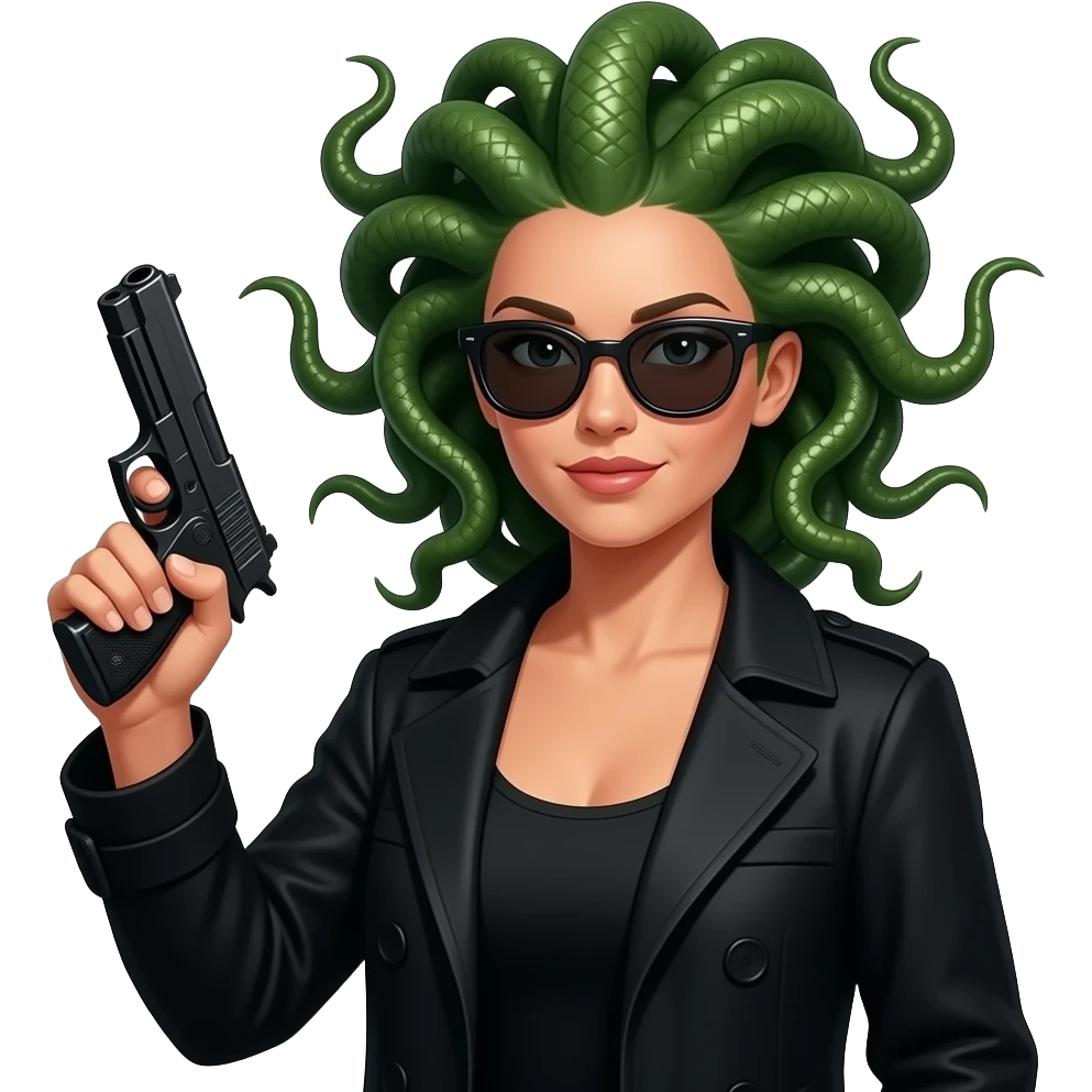 Snarky beautiful female Medusa in black coat with sunglasses holding gun emoji