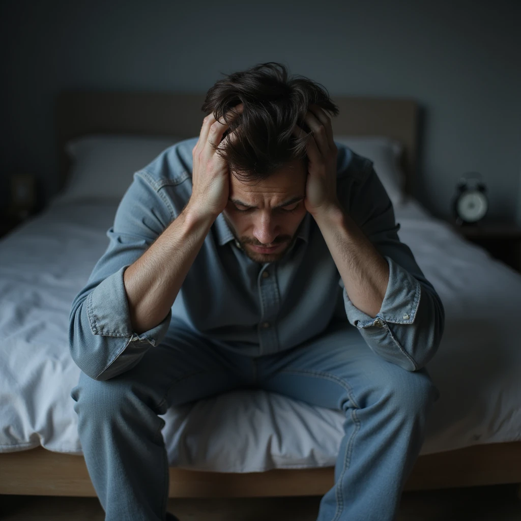 hyperrealistic 4K image of a man sitting on the edge of the bed, head in hands, tired and stressed face, deep dark circles, alarm clock on bedside table showing very early time, atmosphere of tiredness emoji