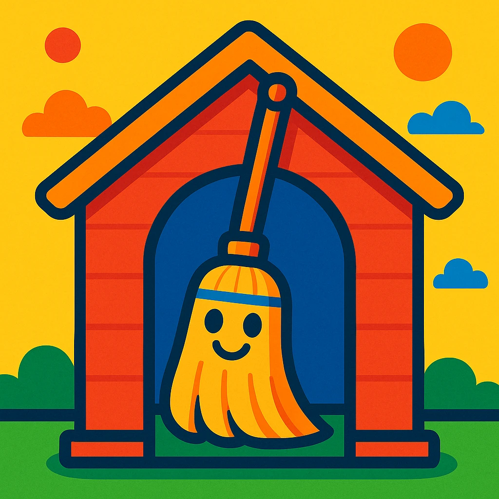 a broom inside a doghouse, vibrant and playful style emoji