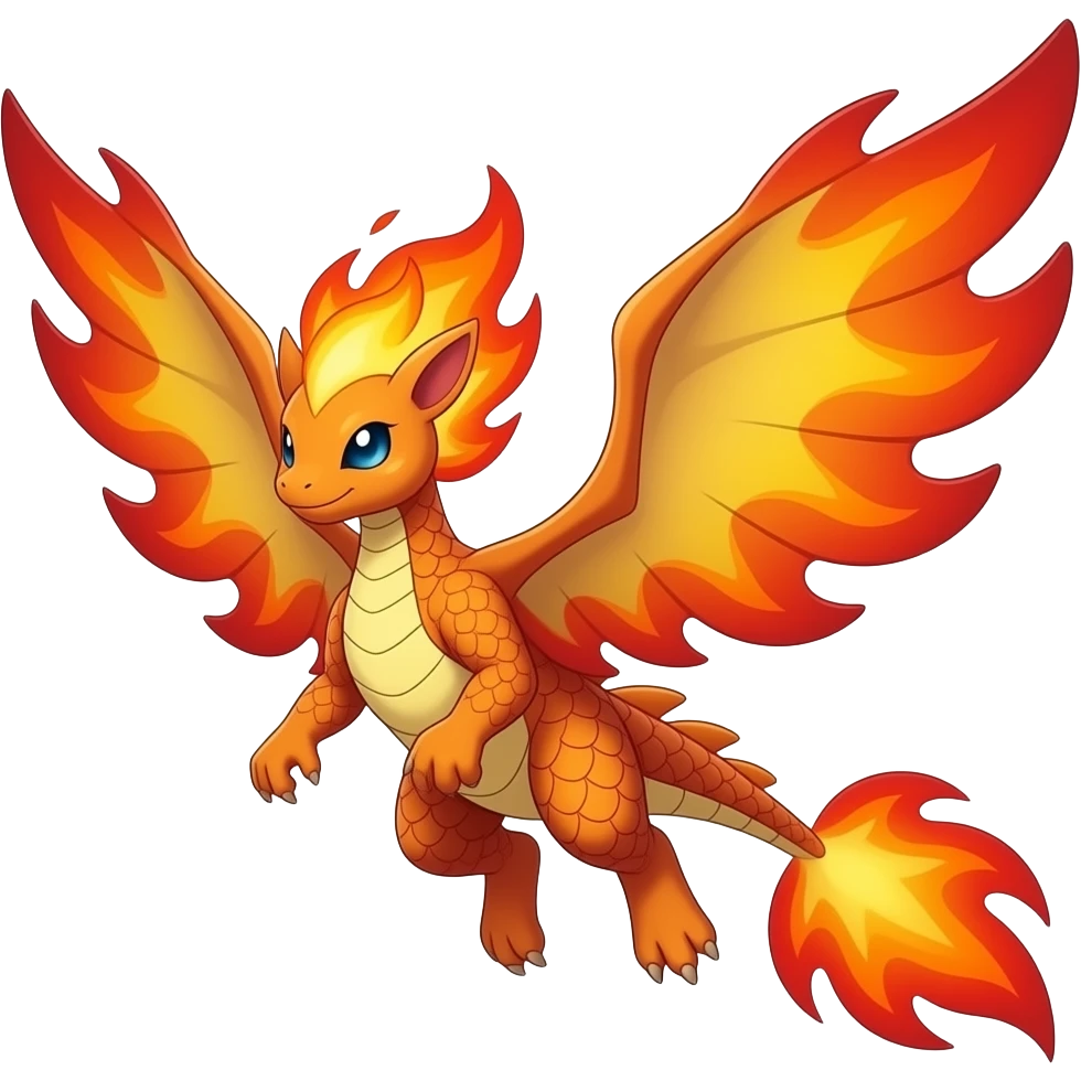 Elemental fire-flying-type magical colorful exotic animesque Pokémon-Fakémon emoji