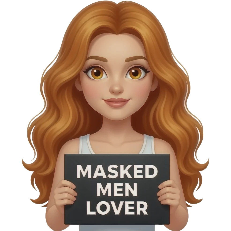 sexy girl with long wavy ginger hair and ginger eyes wearing a white tanktop is holding a black colored sign with MASKED MEN LOVER written on it emoji