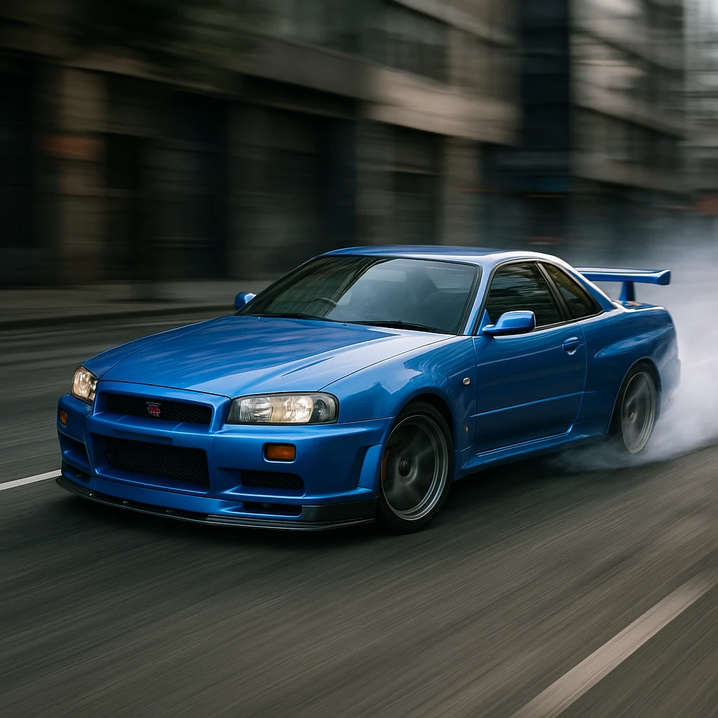 Nissan Skyline GTR R34, drifting, motion blur, urban background emoji