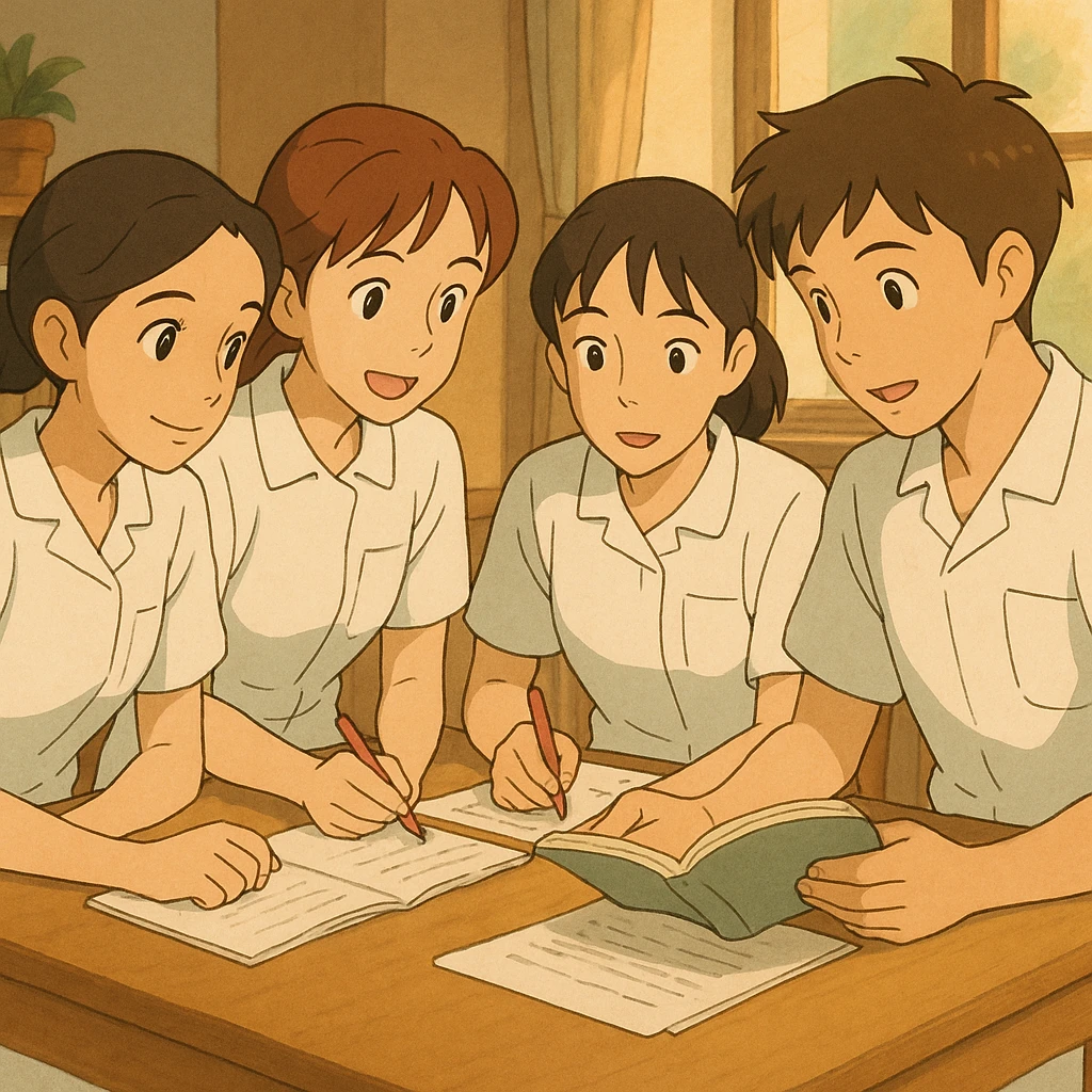 Groupe de quatre étudiants infirmiers, style Ghibli, en train de collaborer à l'intérieur, tenues blanches à manches courtes, tuniques col en V, poche poitrine à gauche, pas de pied de col, pas de stéthoscopes, avant-bras nus, cheveux longs attachés pour celles qui en ont. Inspirés des photos jointes. emoji