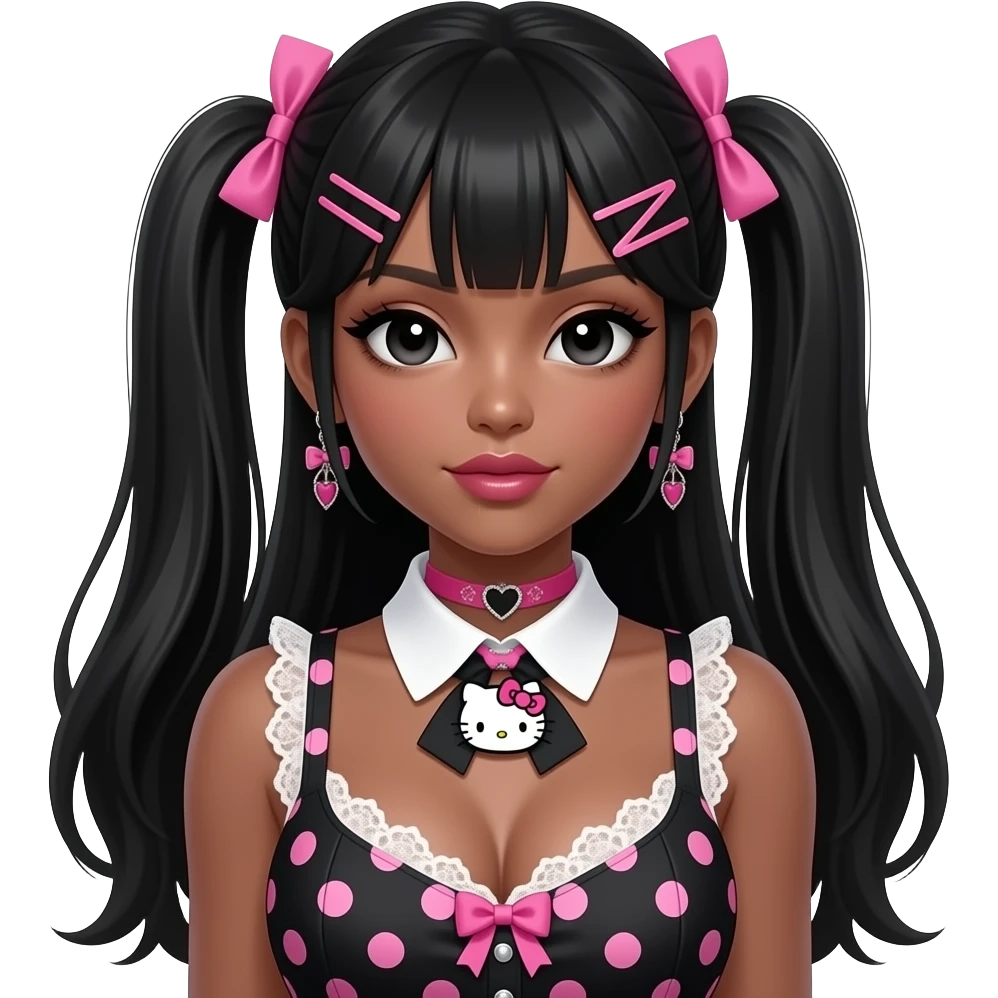 Gyaru makeup, my melody hairclip, cutecore, doll eyes, Doll, big chest, dark brown skin, Doll faced shaped, hello kitty necklace, bimbo, black doll eyes, Big lips, long black hair, with white or black lace pink polka dots with gyaru sleeveless shirt, with hime gyaru bows, big breast emoji