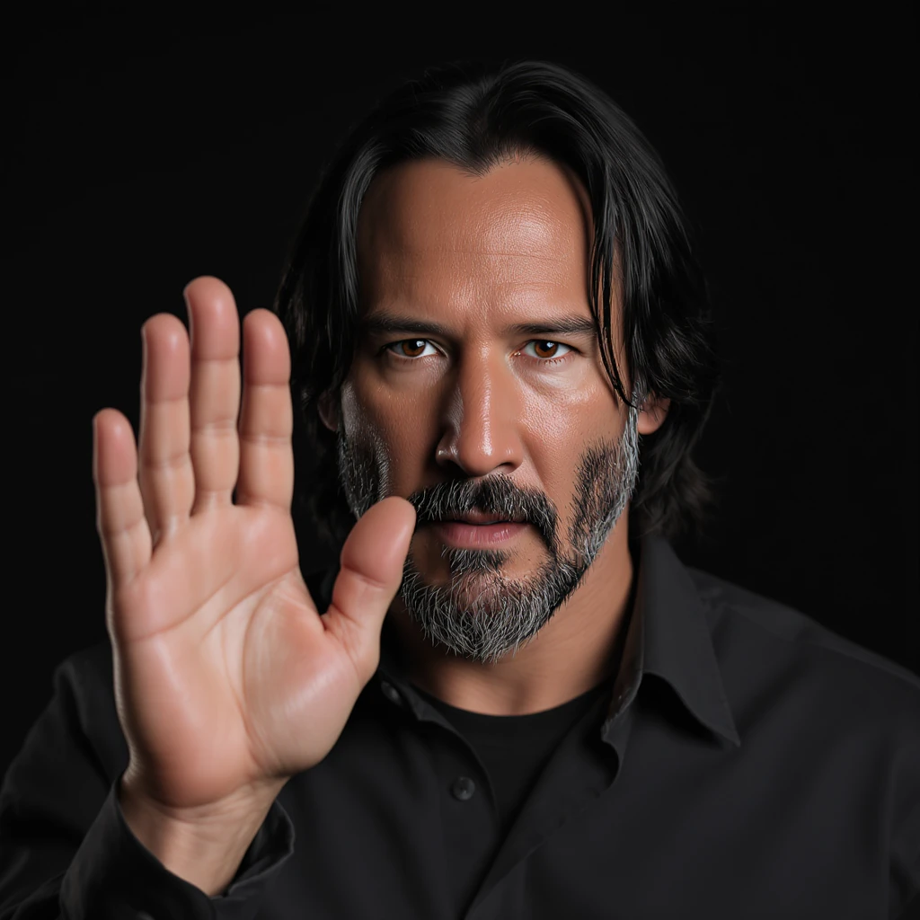 Keanu Reeves raising his hand up, realistic style, no text emoji