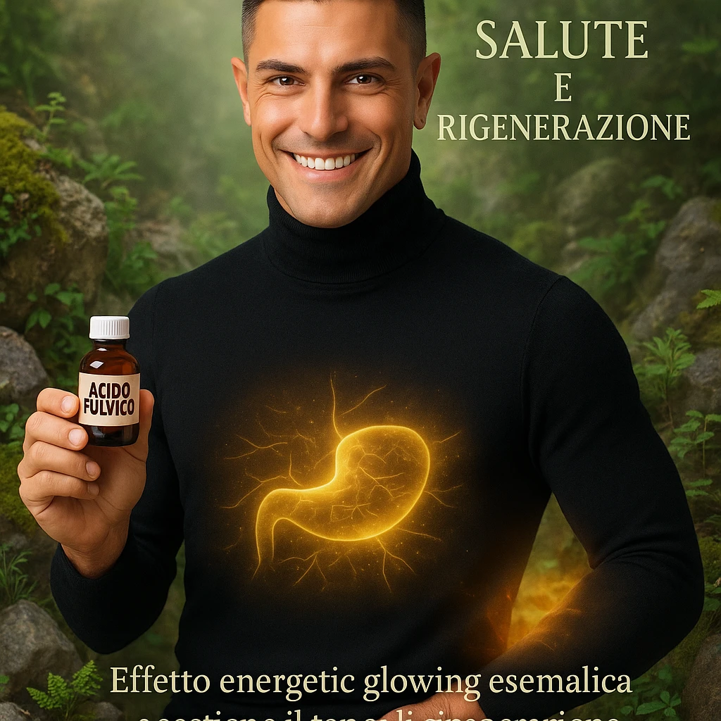 Uomo con il viso del riferimento, tiene una boccetta 'acido fulvico', energia luminosa su addome e fegato, ambiente naturale, minerali e piante, atmosfera rigenerante, testo in italiano. emoji