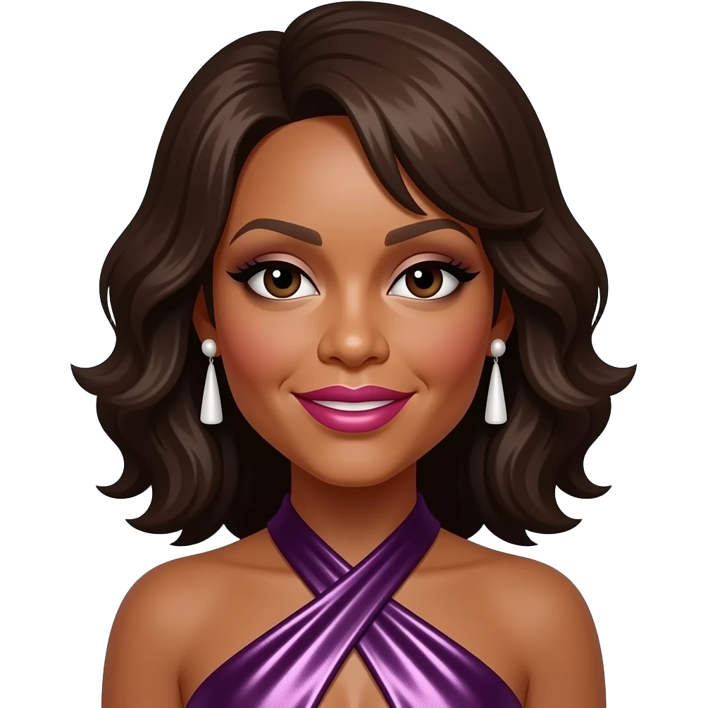 Whitney Houston with dark brown eyes, dark brown hair, white eyeshadow, hot pink lipstick, dark purple metallic halter dress, white earrings emoji