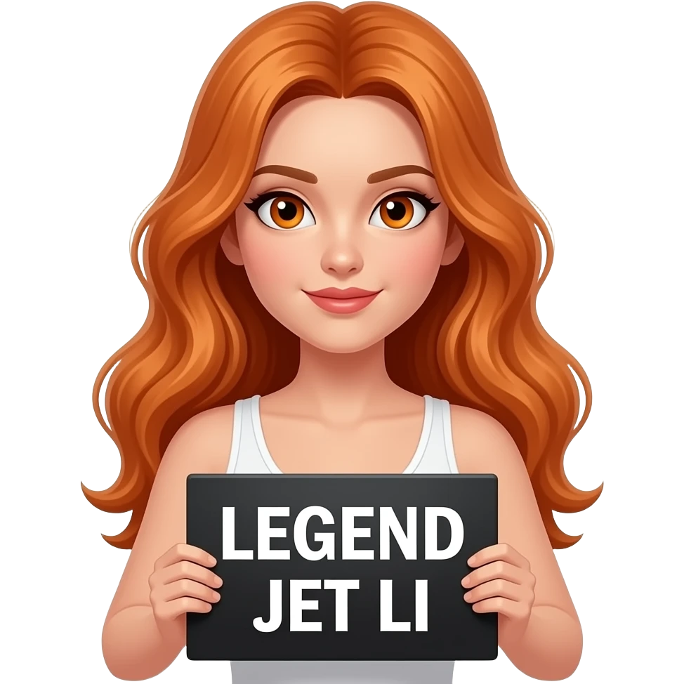 sexy girl with long wavy ginger hair and ginger eyes wearing a white tanktop is holding a black colored sign with LEGEND JET LI written on it emoji