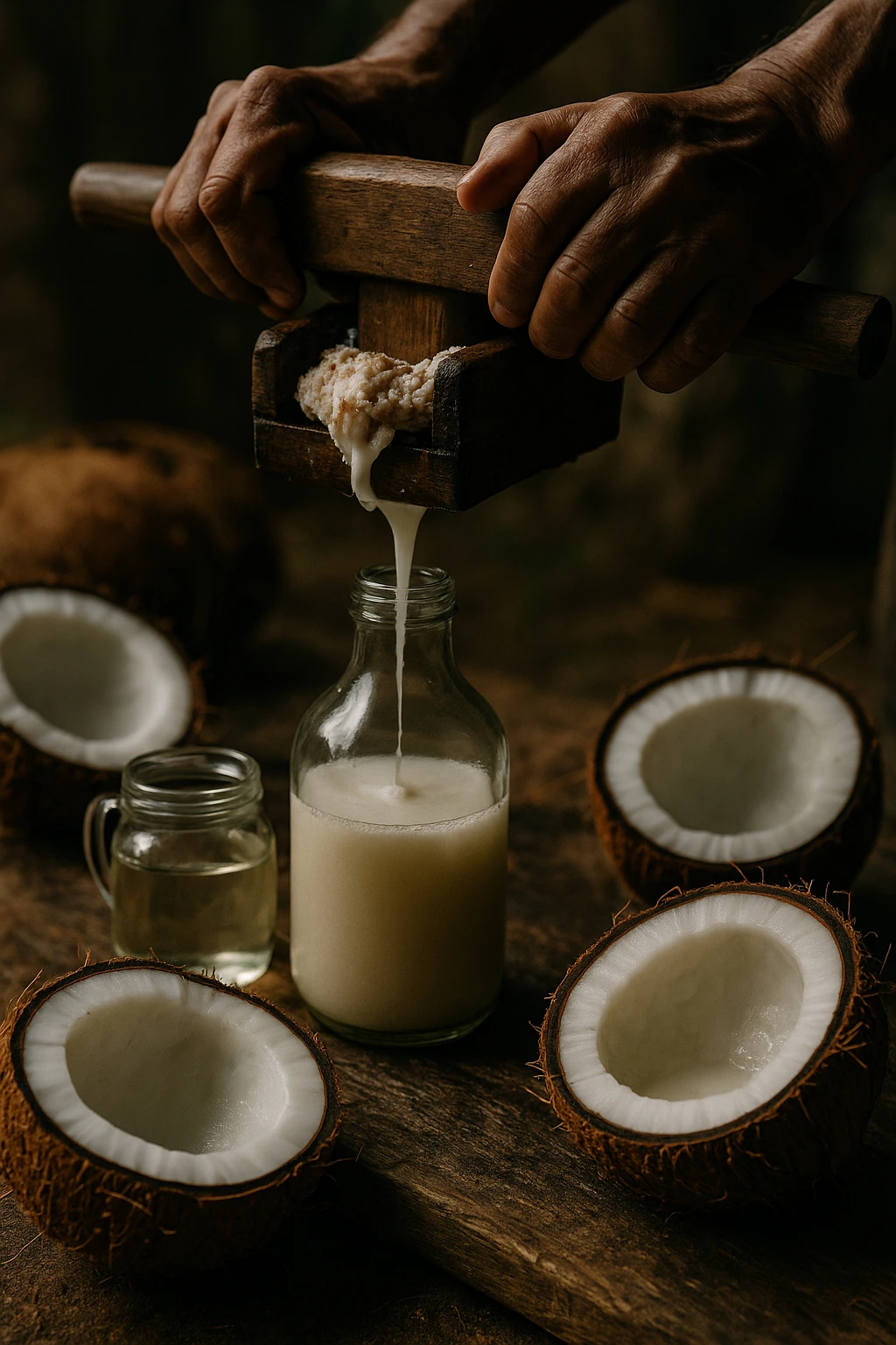realistic vertical 2:3 image of organic coconut oil extraction process, showing opened coconuts, manual or press squeezing, and pure oil being extracted. Cinematic style, natural details, no text. emoji