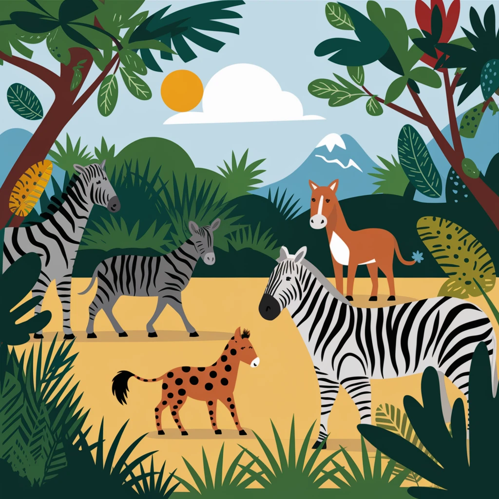 digital illustration of jungle safari in the style of children's illustration emoji