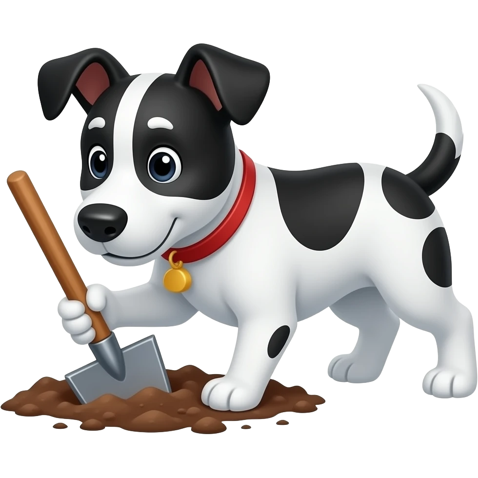 The cartoon black and white dog digs with is paws emoji