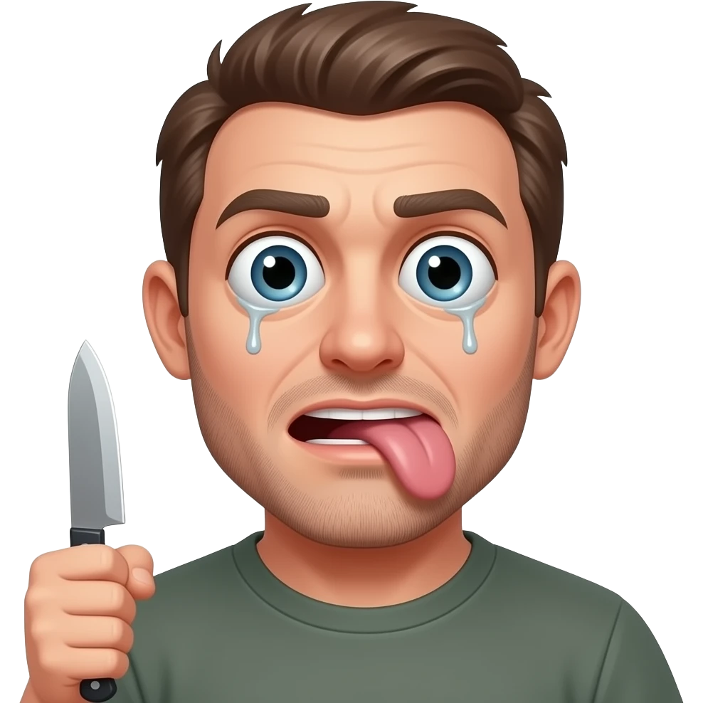 man with huge bulging eyes, drooling with tongue hanging out to the side holding a knife emoji