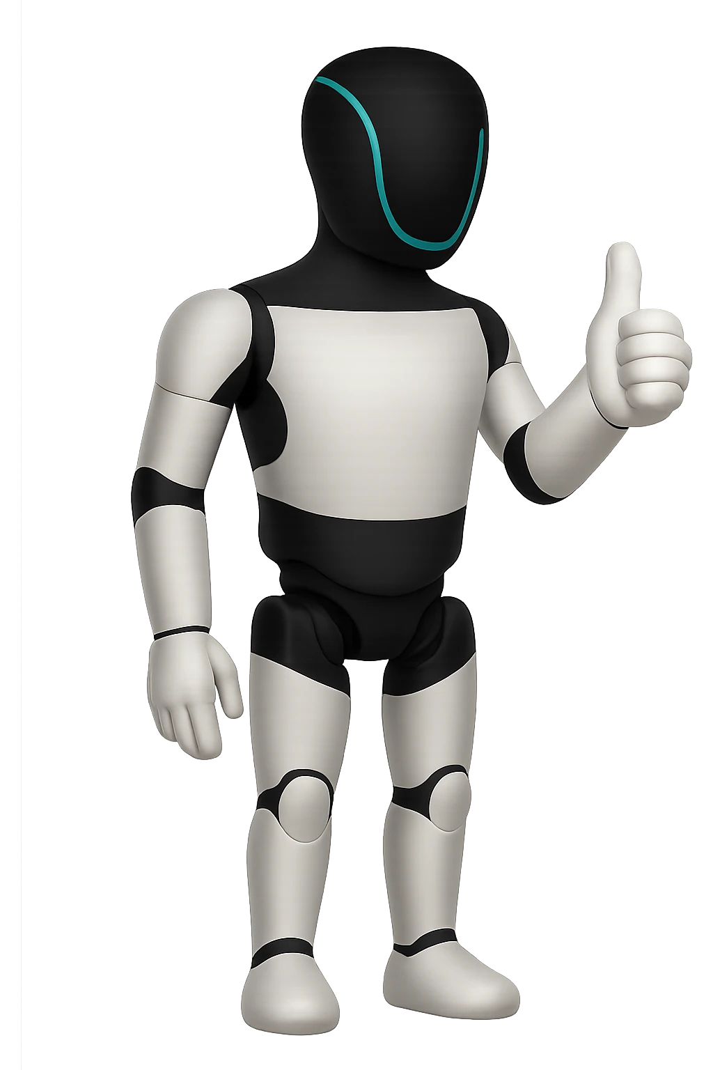 Create a fullbody Tesla robot emoji with the exact head from the reference image in the style of Apple emojis. The robot should be giving a thumbs up. The style should replicate the apple emoji style with smooth, colorful, and detailed features. emoji