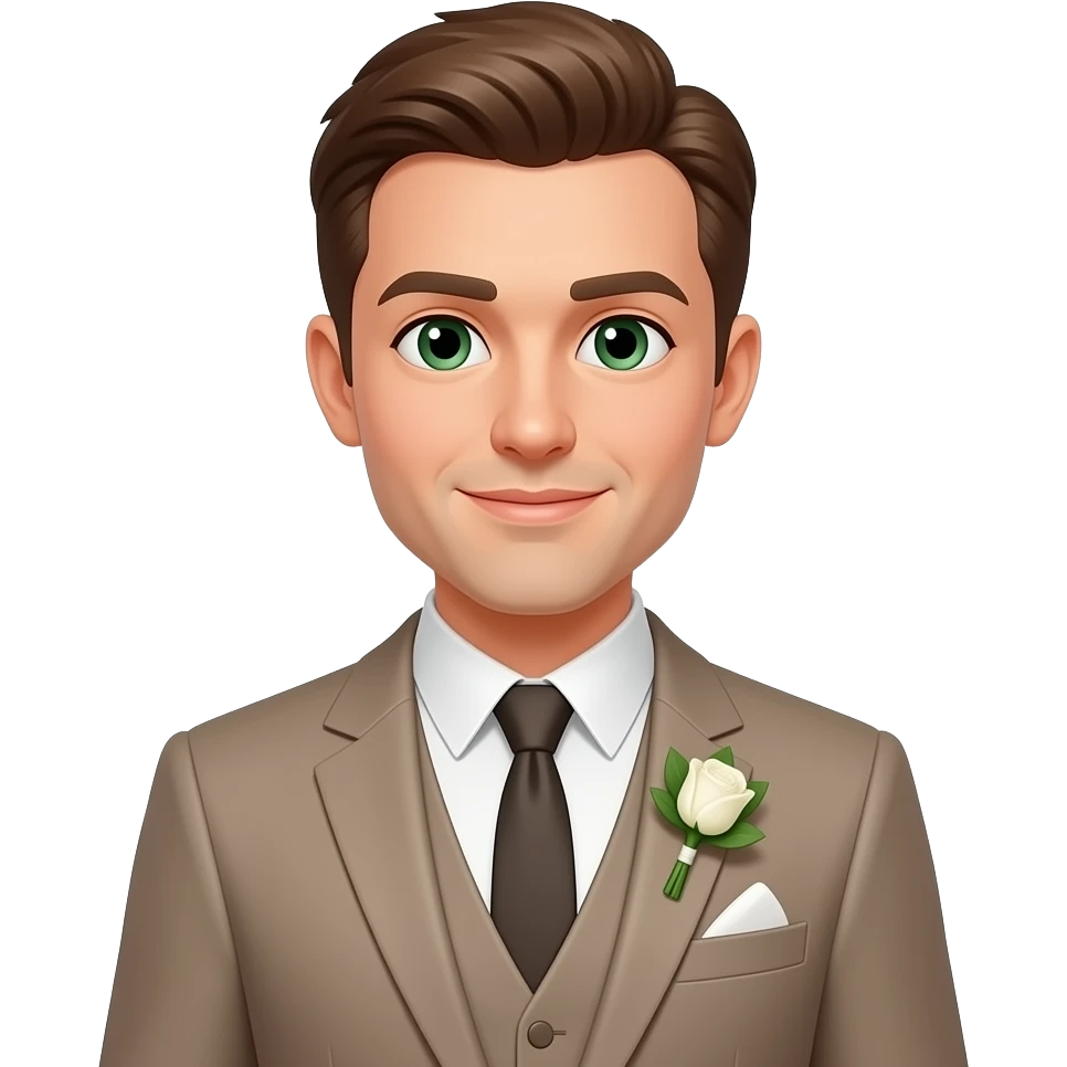 marié, cheveux châtains, yeux verts, costume taupe, avec boutonnière emoji