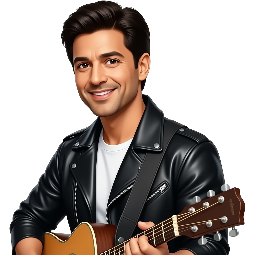 Create a side face cut-out style emoji of Shah Rukh Khan from Dilwale Dulhania Le Jayenge. He is wearing a black leather jacket over a white T-shirt and holding a guitar. emoji