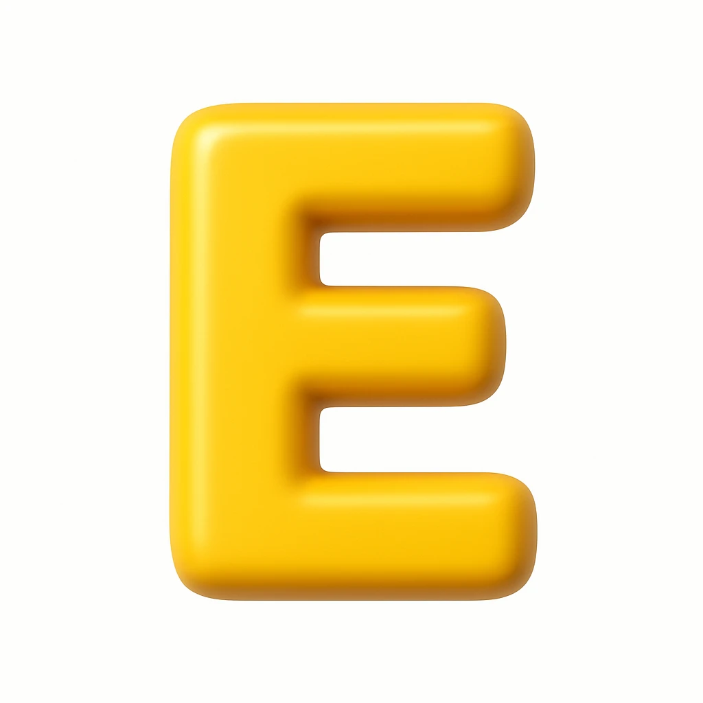 A 3D emoji in iOS emoji aesthetic style of the capital letter “E”, bold and smooth design, bright color, glossy surface, clean white background. emoji