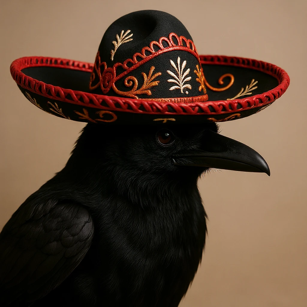 Change the traditional mariachi hat to black and red, keep the realistic style. emoji