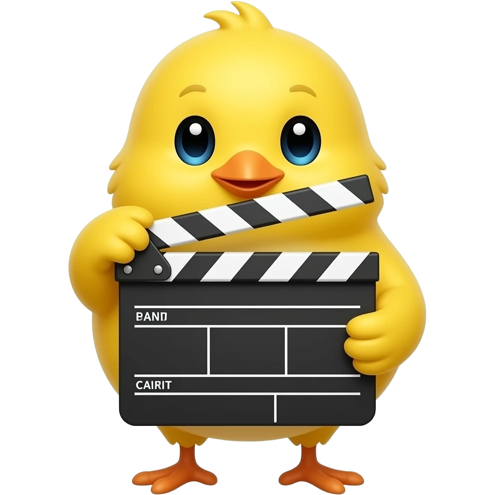 lovable small yellow bird holding a movie clapperboard. the image must be a transparent .png emoji