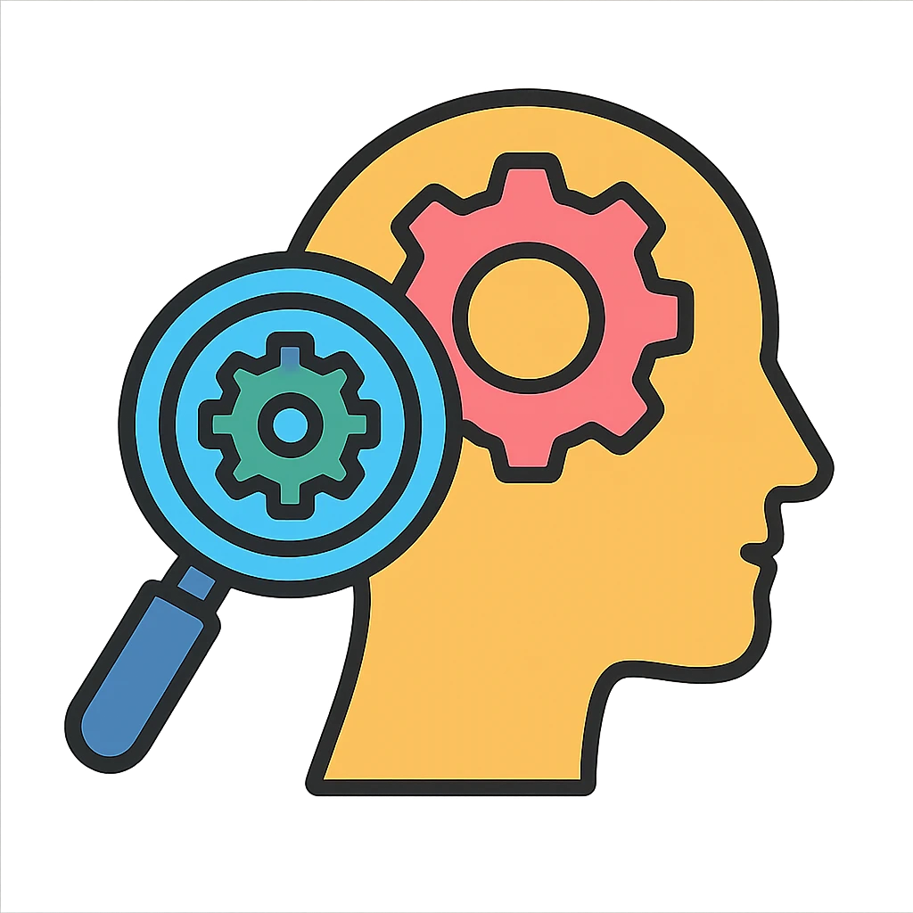 gears cogs as a symbol of self-discovery icon, clear outlines, strong shadows and highlights, psychosomatics and psychology theme, fun and not too complex emoji