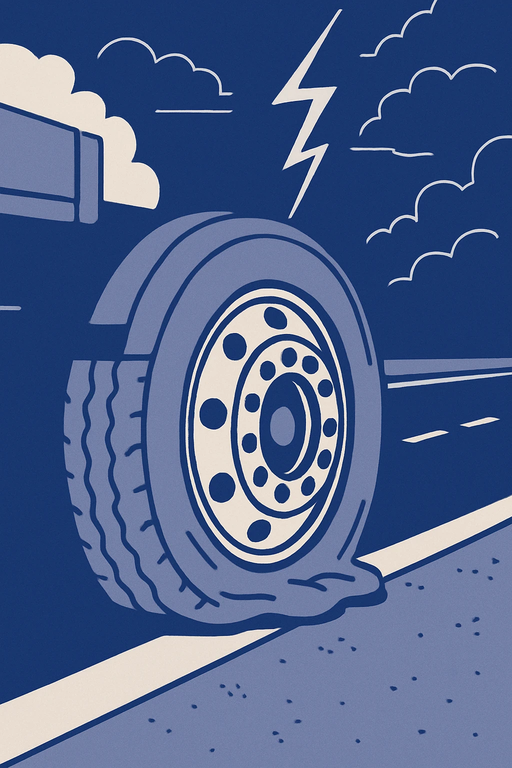semi truck tire, flat and damaged, on a highway with a stormy sky and lightning striking, flat illustration style emoji