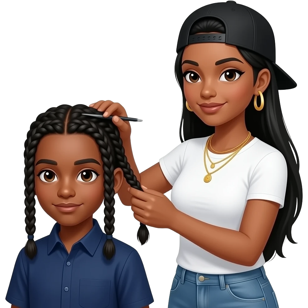 African American boy with two cornrow style braids wearing a navy blue button up shirt getting hair braided by African American woman with long straight black hair wearing a fitted white t shirt wearing a black adjustable cap backwards on head wearing hoop earrings wearing gold tennis necklaces emoji
