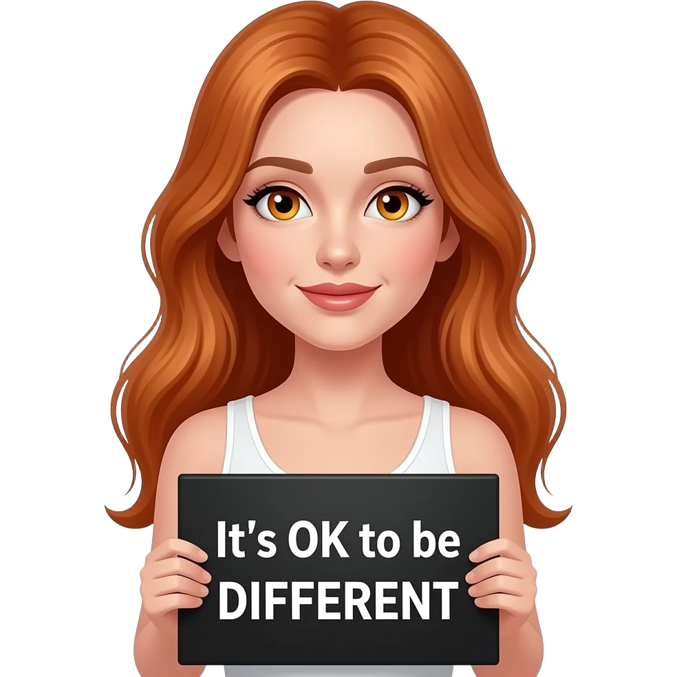 sexy girl with long ginger hair and ginger eyes wearing a white tanktop is holding a black sign with It's OK to be DIFFERENT written on it emoji