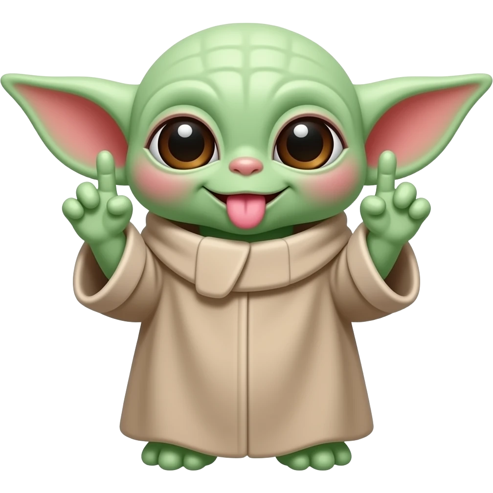 Baby Yoda with his fingers in his ears wiggling his hands and sticking his tongue out emoji