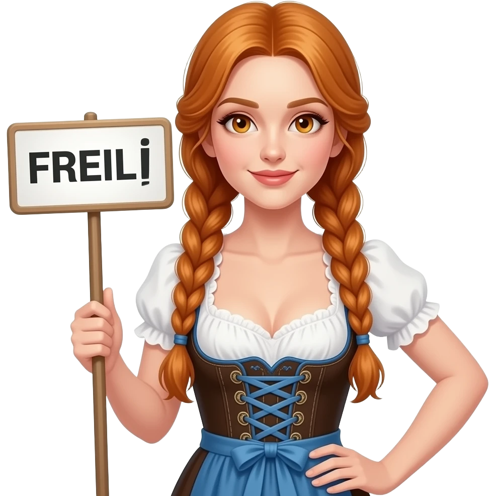sexy girl with overlong ginger hair in braids and ginger eyes wearing a dirndl holding a FREILI sign emoji