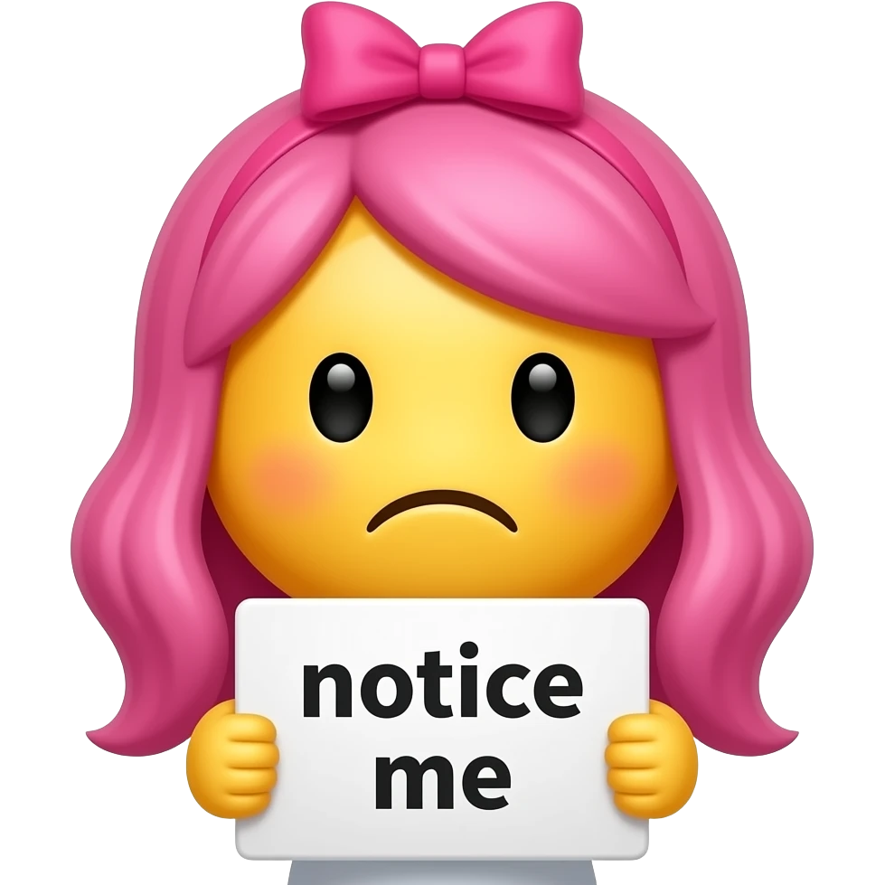 Yellow smiley with pink hairbow sad holding emoji up a sign that says "notice me" emoji