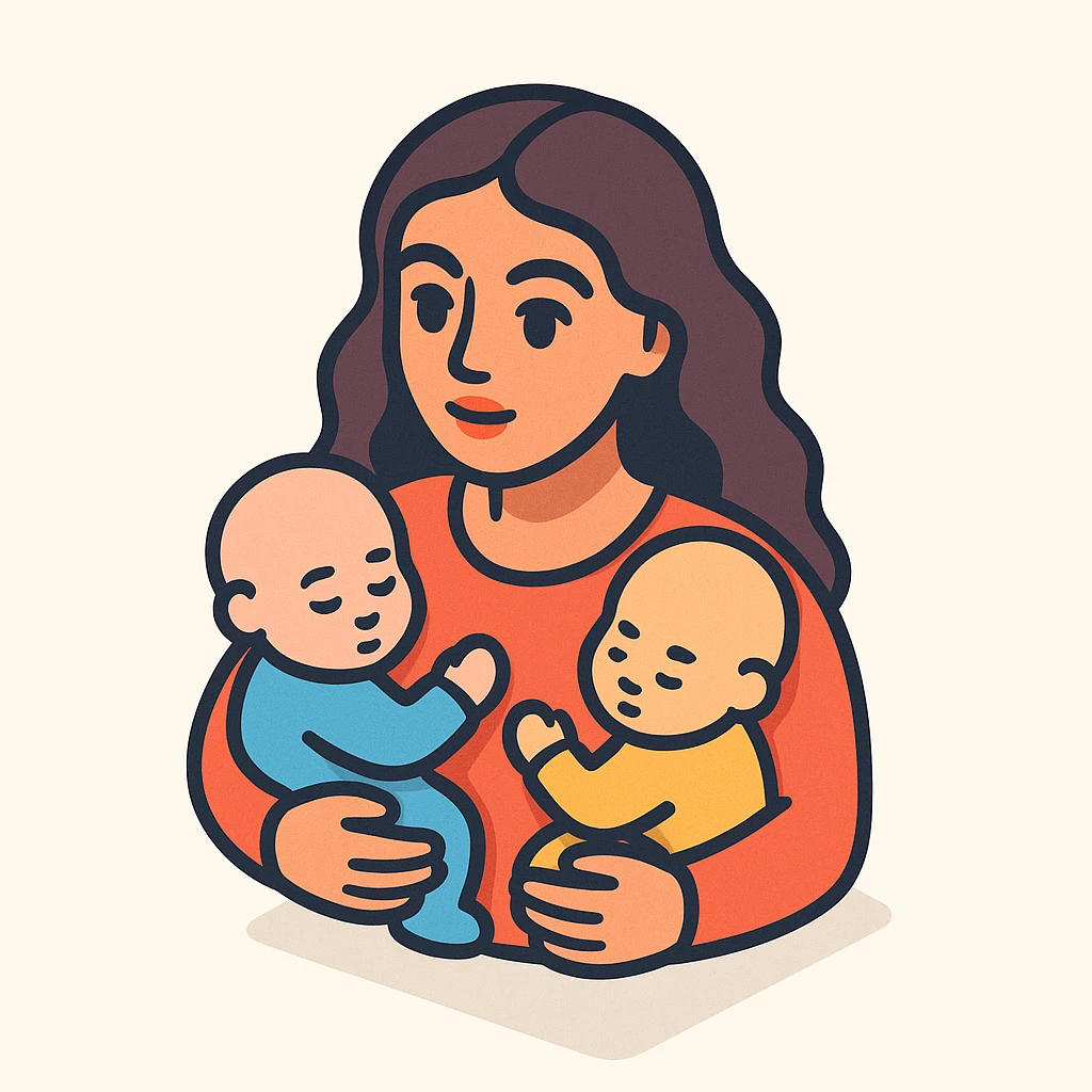 A woman with long wavy hair, large expressive eyes and lips, holding two babies close to her chest, with soft shadows and highlights, in 2D isometric illustration style, inspired by the reference image. emoji