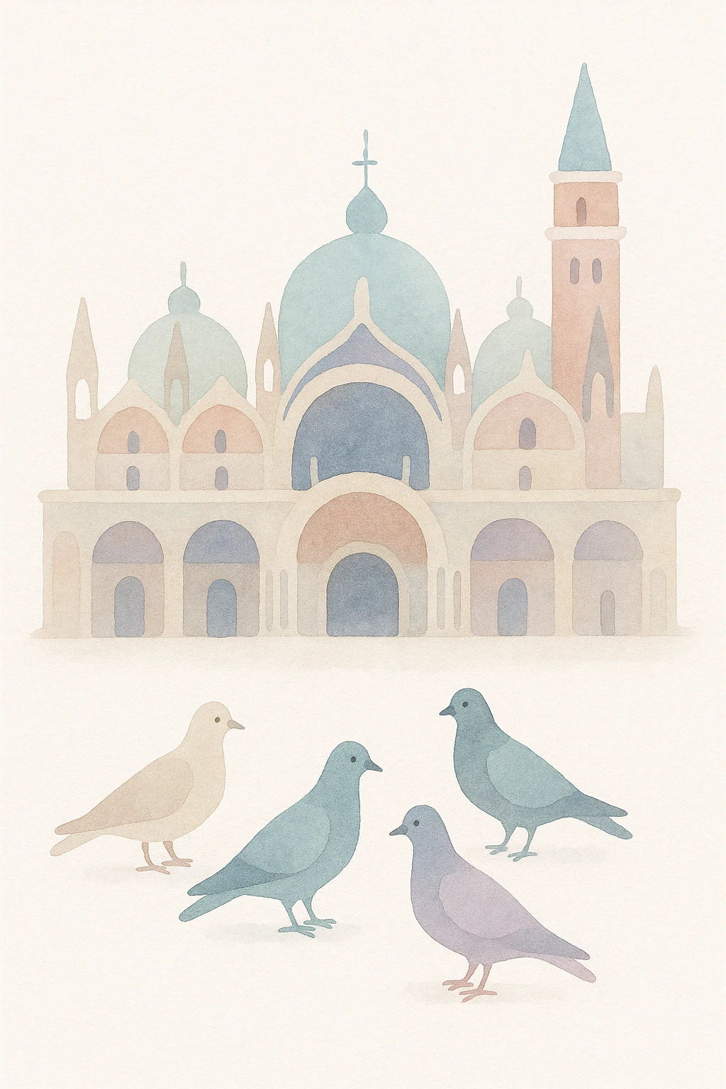 Venice, Italy, showing St. Mark's Basilica and pigeons, watercolor art style emoji